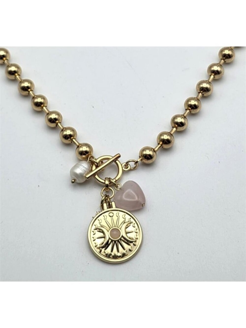 Gold Tone Rose Quartz Pearl Celestial Sun Moon Eye Charm Necklace 18 in - Picture 2 of 8